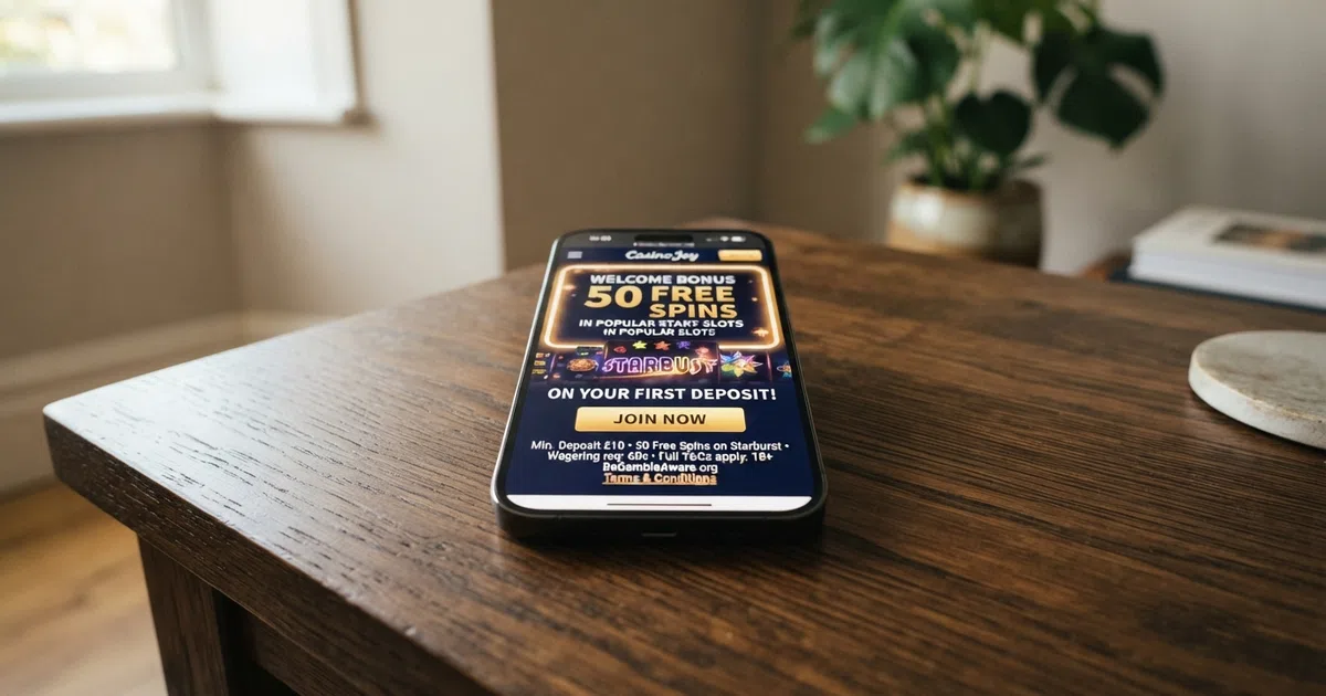 A smartphone displaying a UK online casino promotions page with a free spins banner and a terms-and-conditions link visible below it