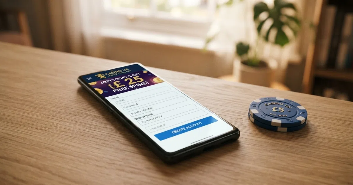 A smartphone screen showing a UK-licensed casino registration page with a free-spins promotional banner visible, set against a plain background