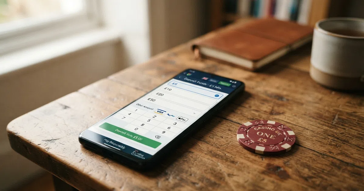 A smartphone screen showing a UK online casino banking page with deposit options of £5, £10, and £20 — the £5 amount is highlighted, beside a British five-pound note on a desk