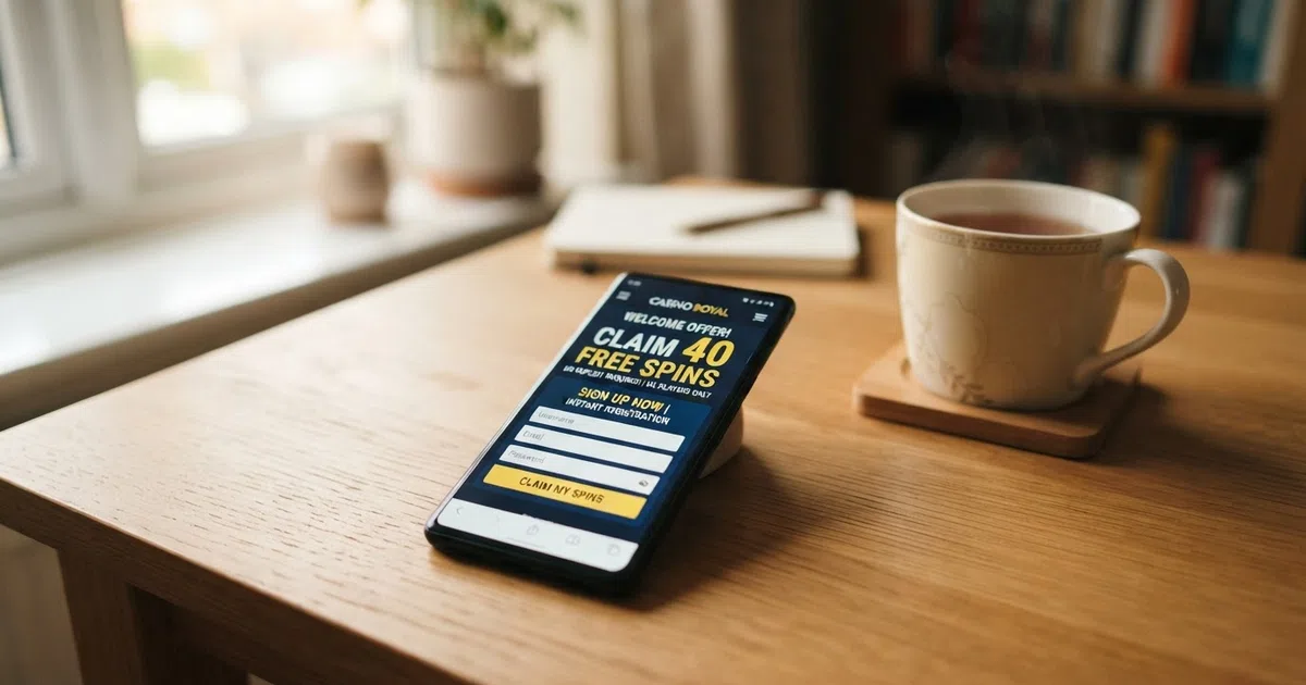 A smartphone screen displaying a UK online casino registration page with a “Claim 40 Free Spins — No Deposit Required” promotion banner, set against a clean desk background with a cup of tea