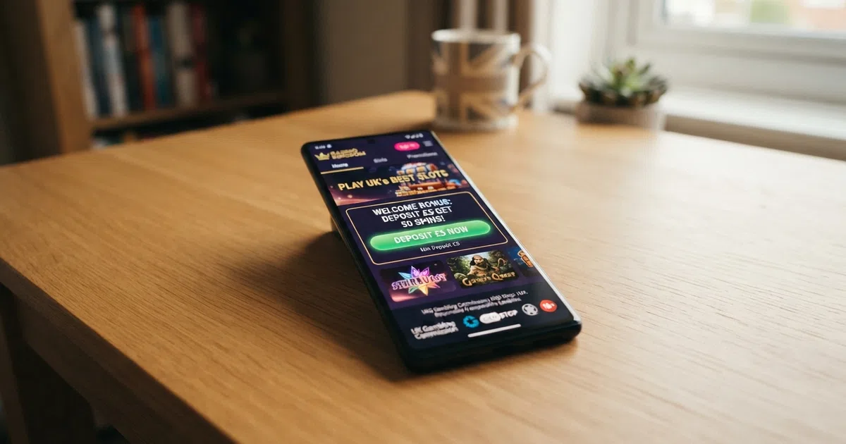A smartphone displaying a UK online casino lobby with a £5 deposit button highlighted, set against a clean white background with subtle Union Jack colour accents