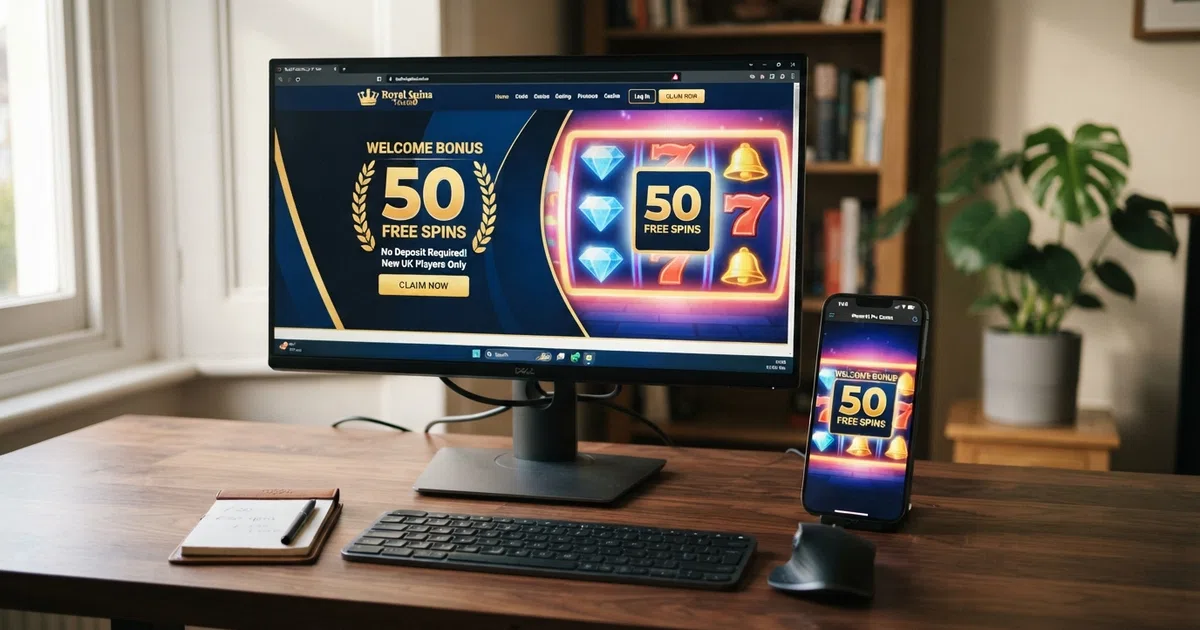 A UK online casino bonus promotions page displayed on a desktop screen and a smartphone side by side, showing a free-spins offer badge and a slot game reel in the background