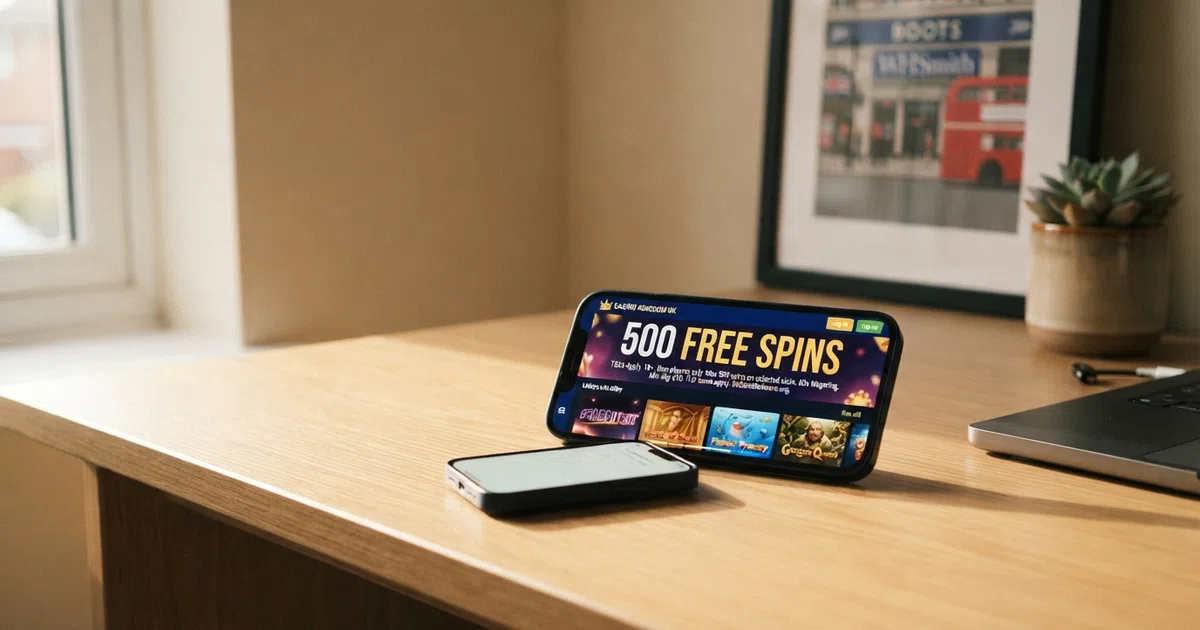 A UK online casino lobby screen showing a promotional banner for free spins, with slot-game thumbnails visible in the background
