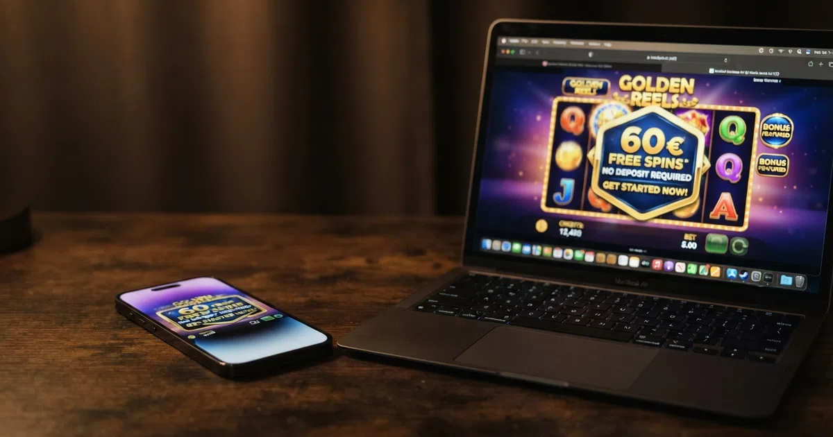 A mobile phone and laptop screen both displaying a slot game reel with a “60 Free Spins — No Deposit Required” promotional badge overlaid, set against a plain dark background