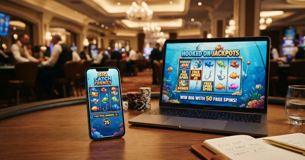 A smartphone and laptop screen displaying colourful online slot game reels with a UK casino lobby in the background