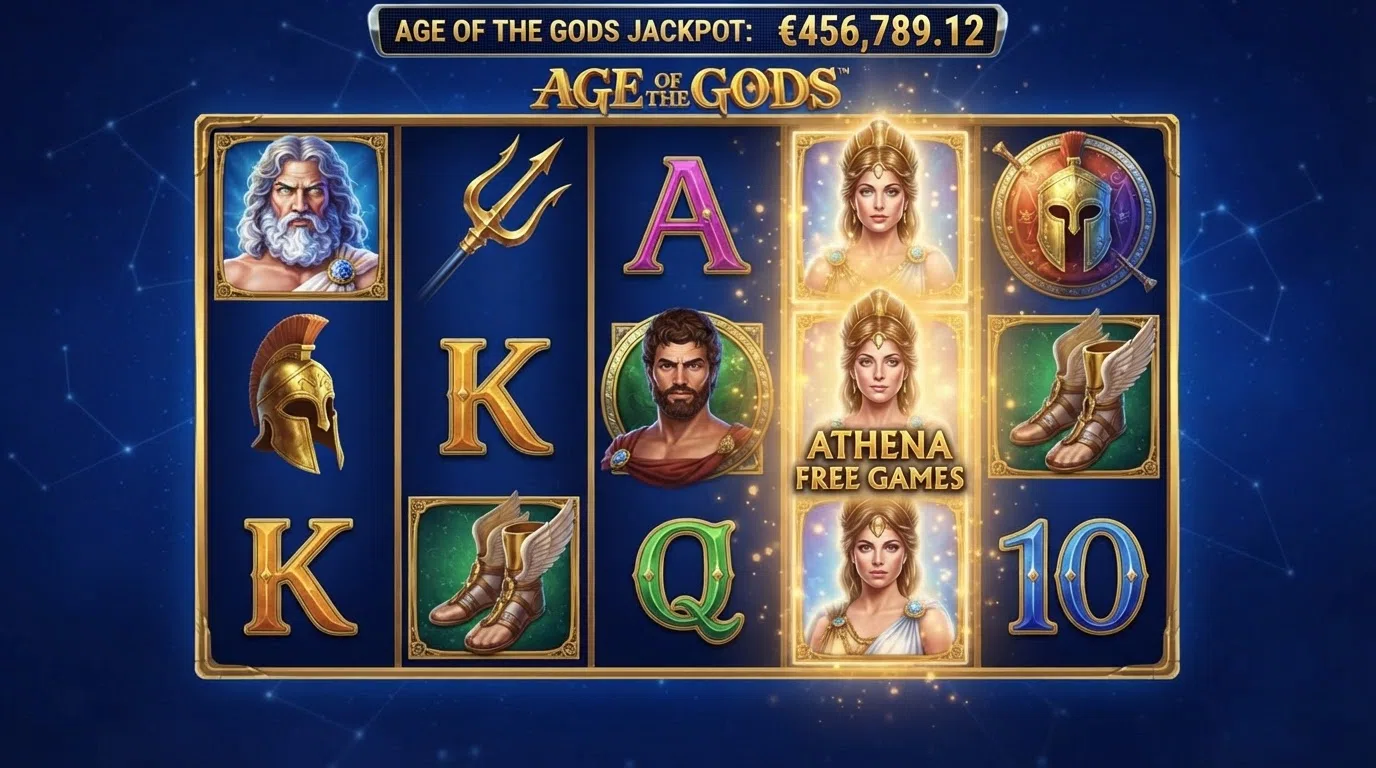 The Age of the Gods slot reels on a mobile screen showing the Athena Free Games feature trigger and the progressive jackpot pool counter