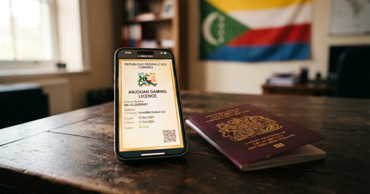 An Anjouan gaming licence certificate displayed on a screen beside a UK passport, with the Union of the Comoros flag visible in the background