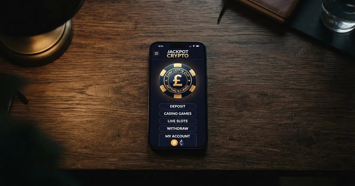 A hand holding a smartphone showing a crypto casino lobby with a bitcoin wallet symbol on a dark background