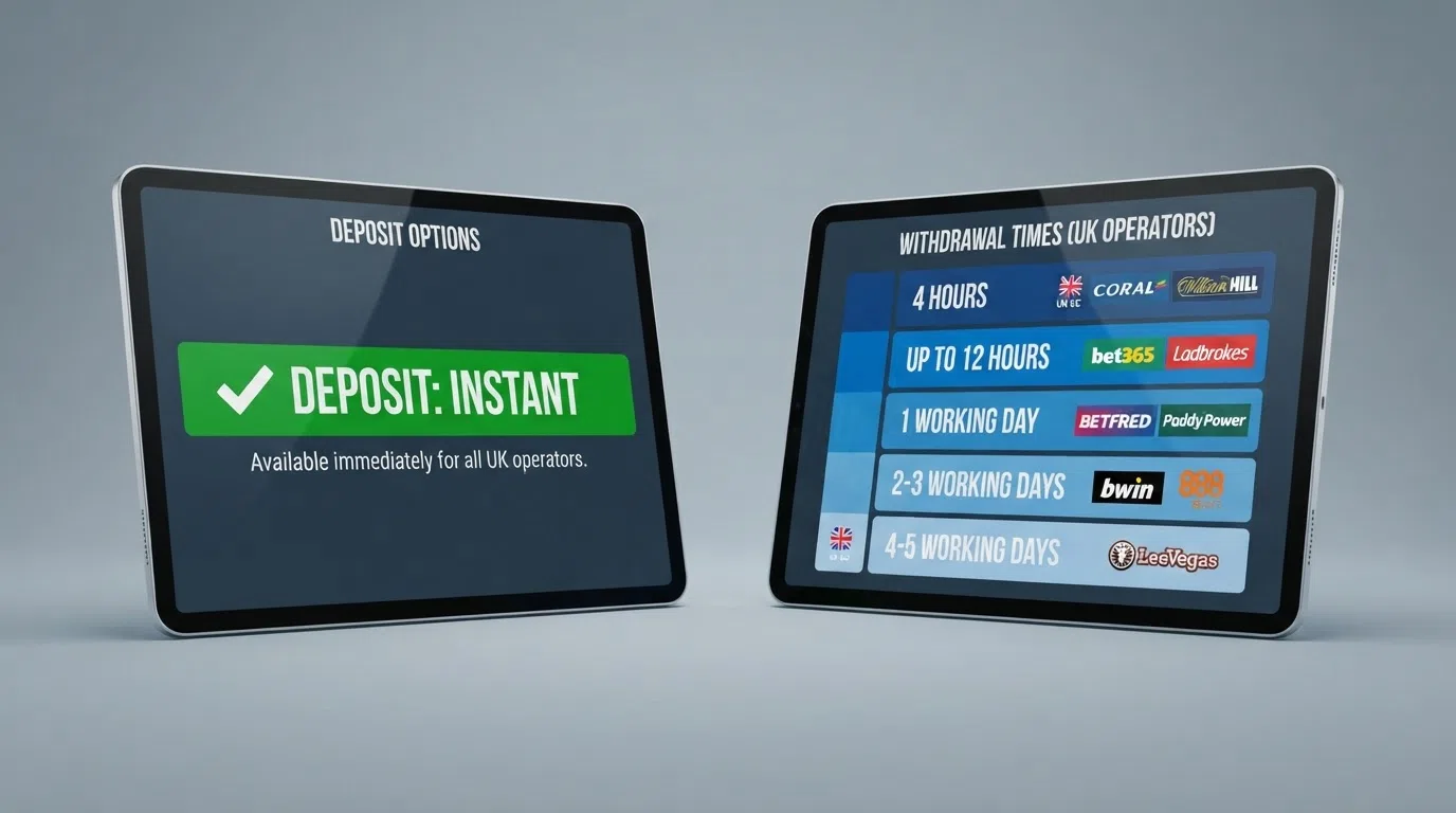 A side-by-side graphic comparing deposit speed (instant) with the range of withdrawal times across featured operators — from 4 hours (Coral, William Hill Visa Fast Funds) to 5 working days (LeoVegas)