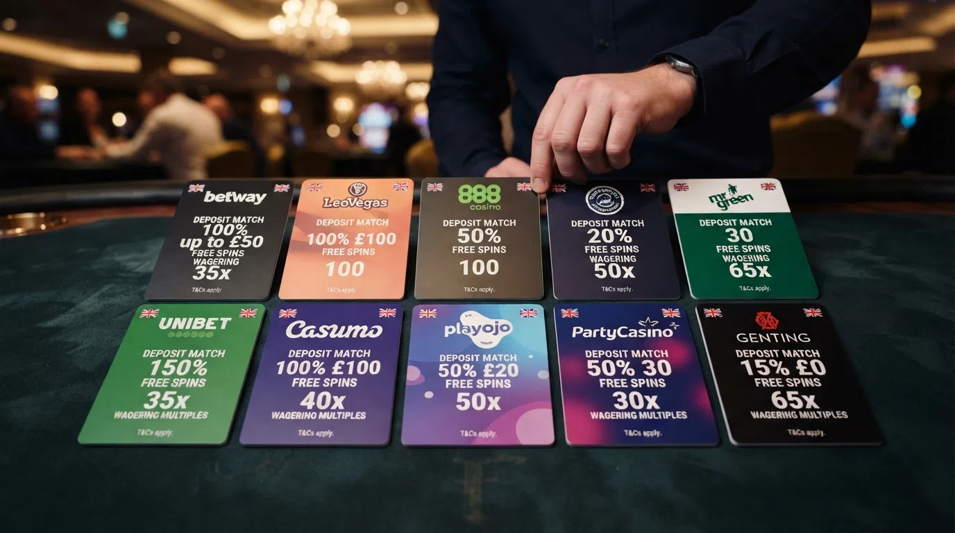 A grid of UK casino welcome-offer cards showing deposit-match percentages, free-spin counts, and wagering multiples side by side