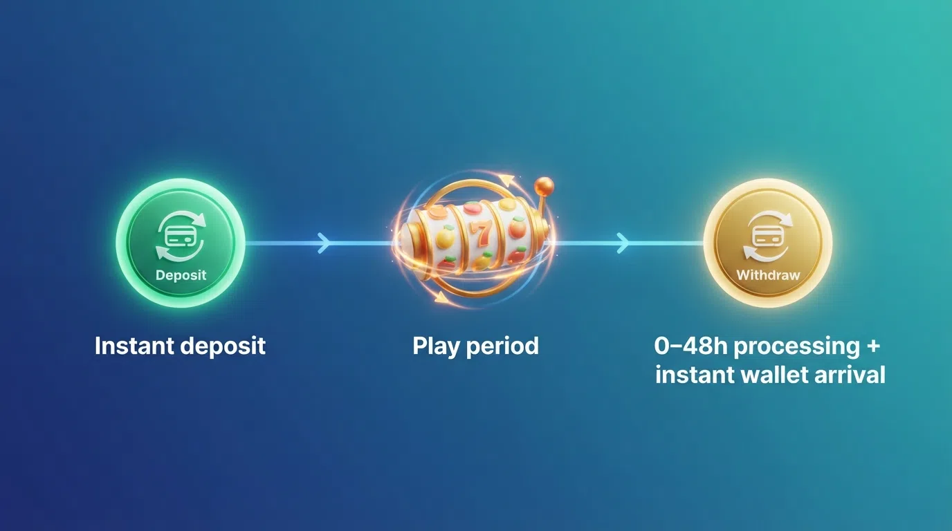 A timeline diagram showing the AstroPay deposit-to-withdrawal journey: instant deposit, play period, 0–48h casino processing, and instant wallet arrival once approved