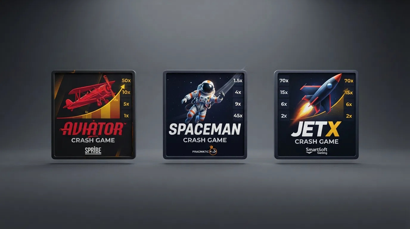Three crash game title cards side by side — Aviator with its red plane, Spaceman with its astronaut, and JetX with its rocket
