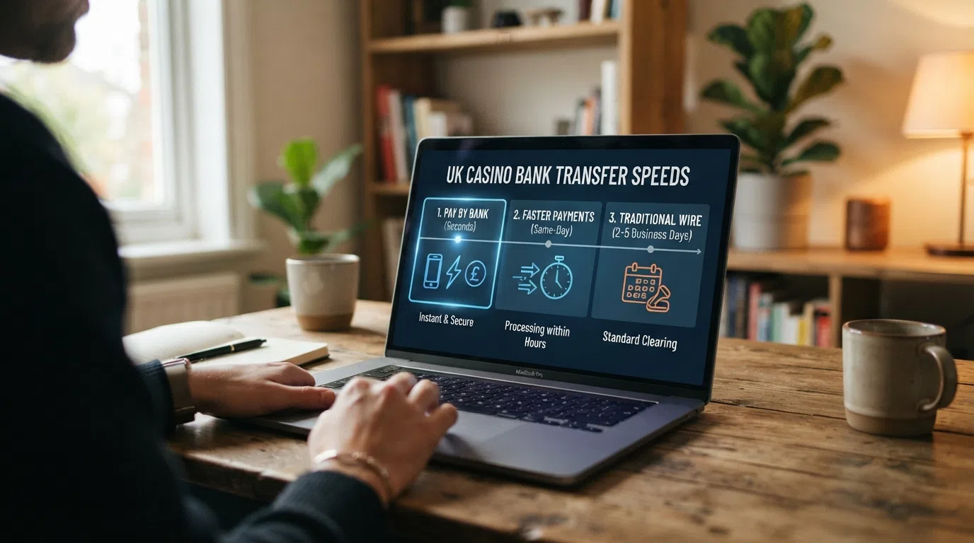 A timeline graphic showing the three speed tiers of UK casino bank transfers — Pay by Bank in seconds, Faster Payments same-day, and traditional wire at 2–5 business days