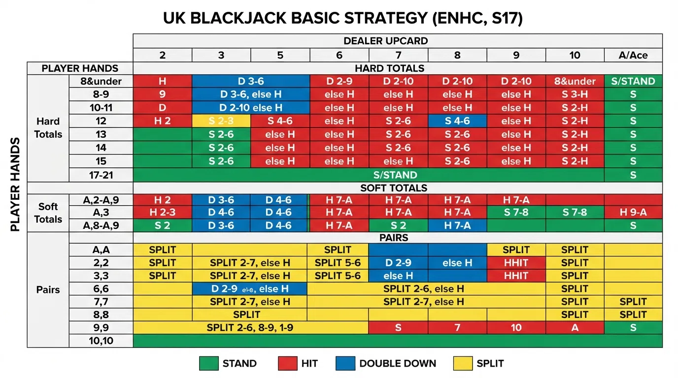 A UK basic strategy chart for ENHC/S17 blackjack, laid out as a colour-coded grid with player hands on one axis and dealer upcards on the other, each cell showing the optimal move