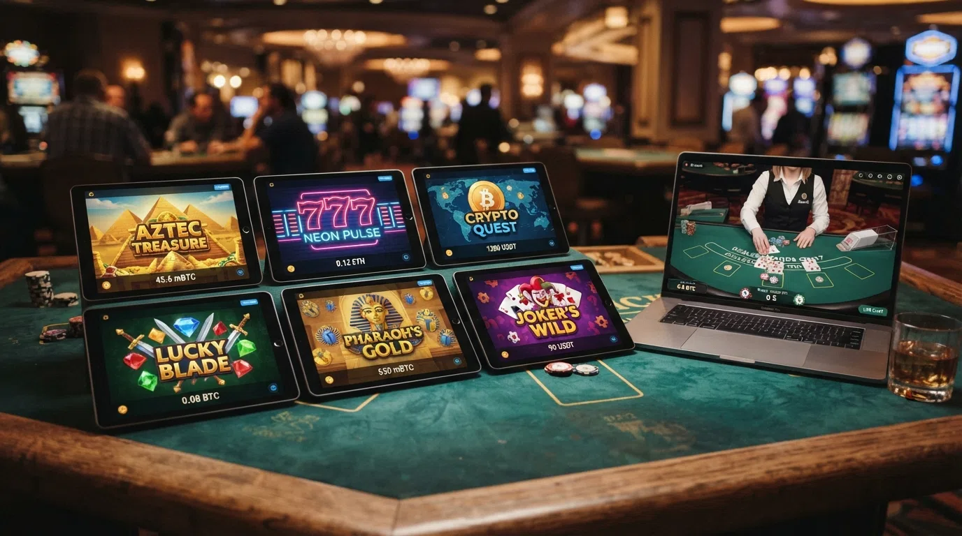 A grid of six slot-title cards and a live-dealer table screenshot, arranged to show the variety of game types available at BCH casinos