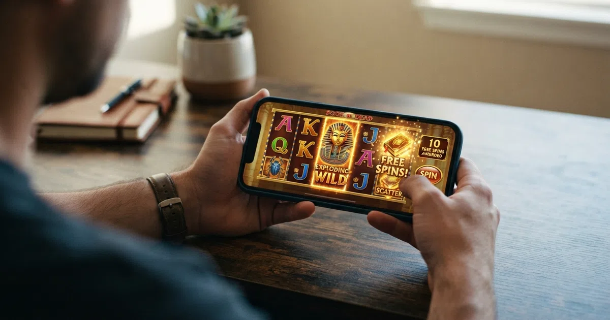 A five-reel online slot grid with its symbols, paylines and spin button in view.