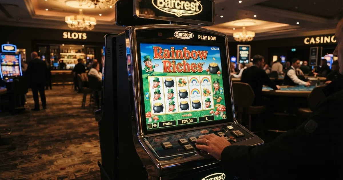 Colourful Barcrest slot reels and a glowing gold-pot bonus icon set across a casino lobby background
