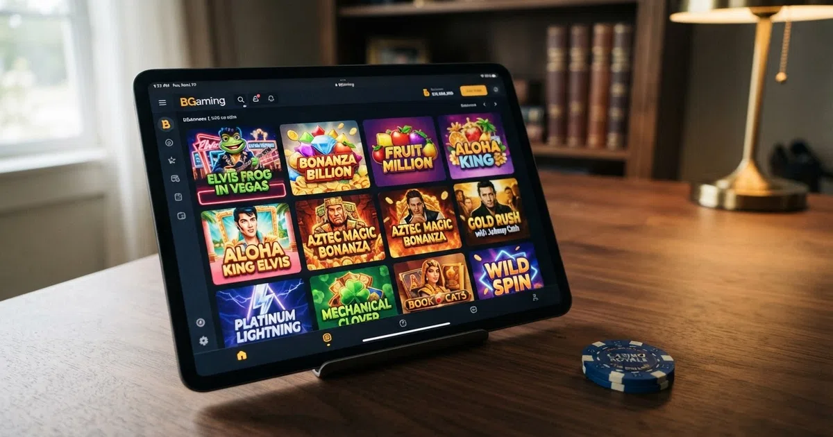 BGaming online casino game grid showing slot tile artwork including Elvis Frog in Vegas, Bonanza Billion and Fruit Million arranged in a casino lobby interface