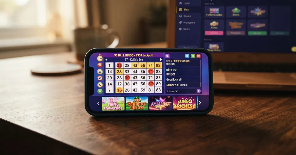 A browser window showing a UK bingo casino lobby with bingo rooms listed on the left, a 90-ball bingo card in the centre, and slot thumbnails along the bottom edge