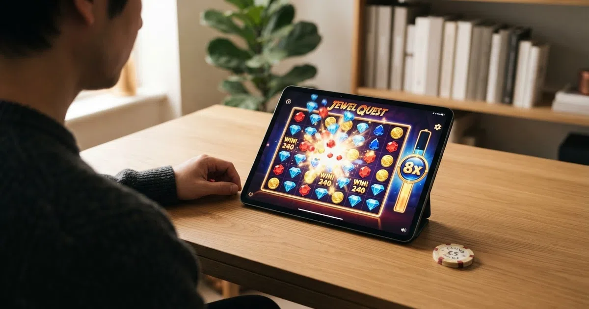 A cascading slot game grid mid-cascade — symbols drop into place as winning symbols vanish and new ones fall from above, with a multiplier meter visible at the side