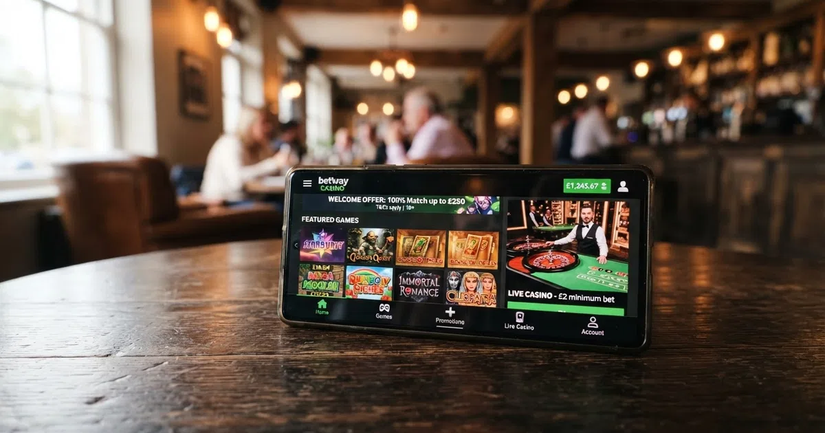 A smartphone screen displaying a UK-licensed casino app home screen with a game lobby showing slot thumbnails, a live dealer preview tile, and a bottom navigation bar