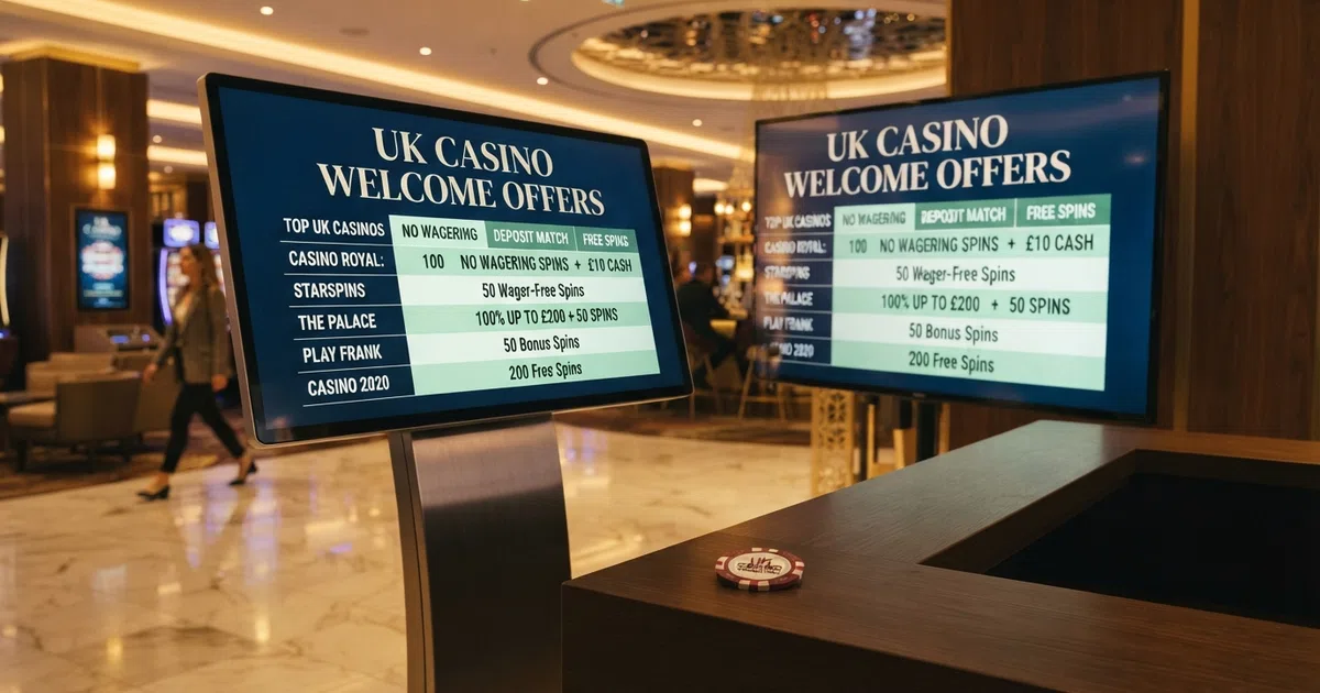 A comparison table of UK casino sign-up bonuses with highlighted no-wagering offers
