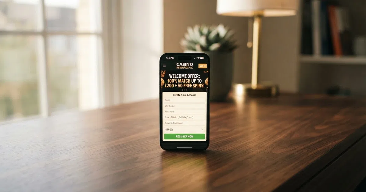 A smartphone screen showing a UK casino sign-up page with a welcome bonus banner and a free-spins counter