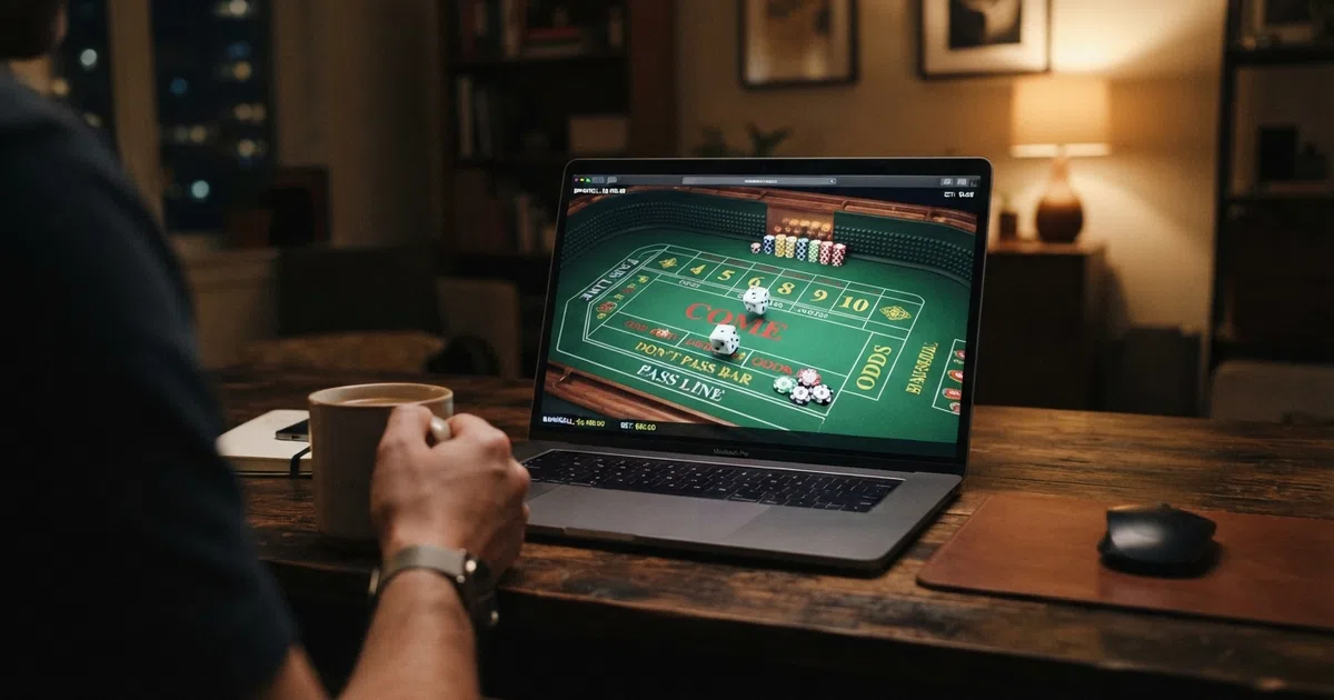 A digital rendering of an online craps table on a laptop screen, showing the green felt layout with pass-line and don't-pass bars, stacked chips on the rail and two dice resting on the table