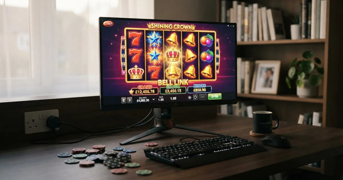 Grid of EGT slot game tiles including Burning Hot, Shining Crown and a Bell Link jackpot title displayed on a desktop screen