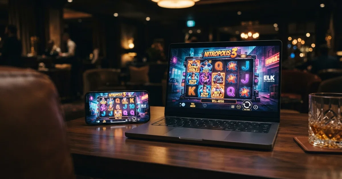 A smartphone and laptop screen displaying the colourful reels of an ELK Studios slot game against a dark background, with the ELK Studios logo visible