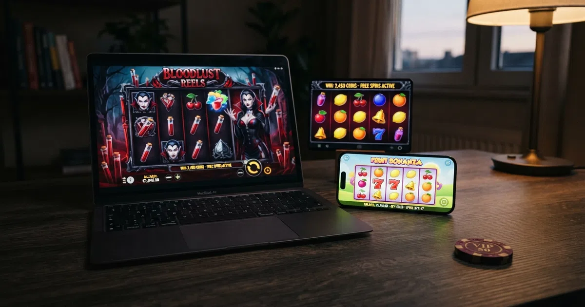 A grid of Endorphina slot tiles — Book of Vlad, Hell Hot 100 and Mystery of Eldorado — displayed on a laptop and a smartphone screen side by side