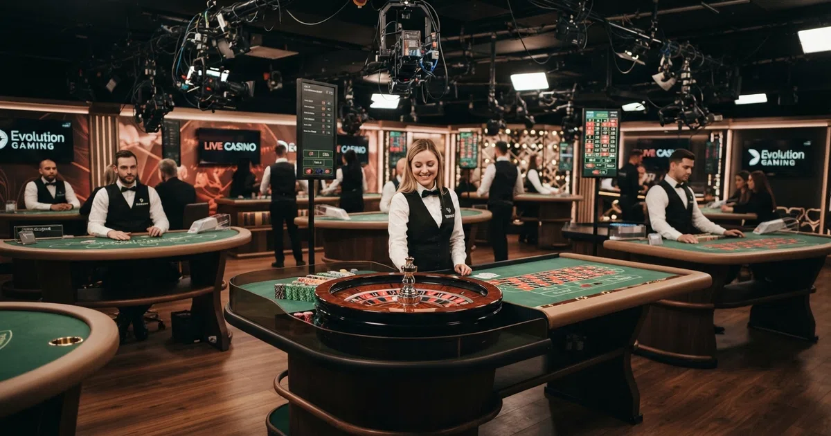 A wide shot of an Evolution Gaming live-dealer broadcast studio with multiple roulette and blackjack tables, professional croupiers in formal attire, and camera rigs suspended above the floor