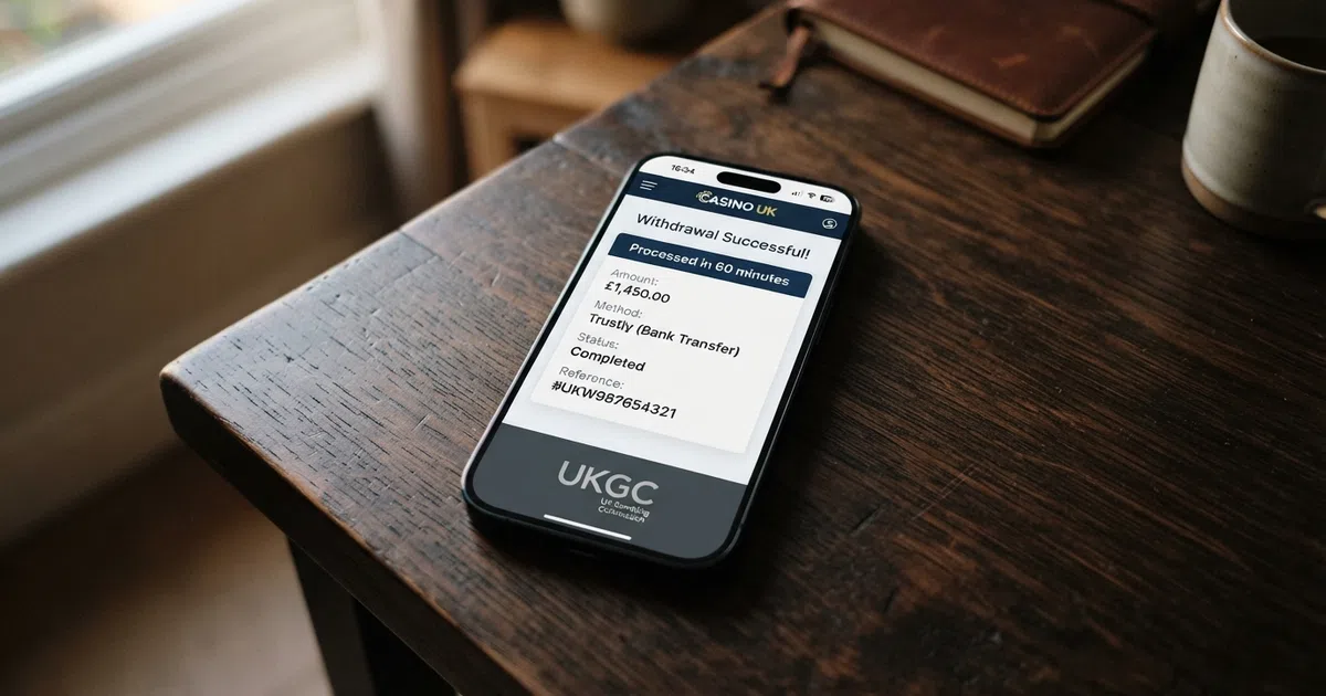 A smartphone screen displaying a casino withdrawal confirmation with a processing-time badge and a UKGC licence logo visible in the footer