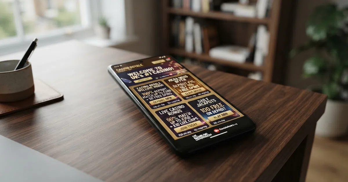 A grid of UK online casino welcome bonus offer cards showing deposit match percentages and free-spin counts side by side, with the Gambling Commission logo visible in a corner