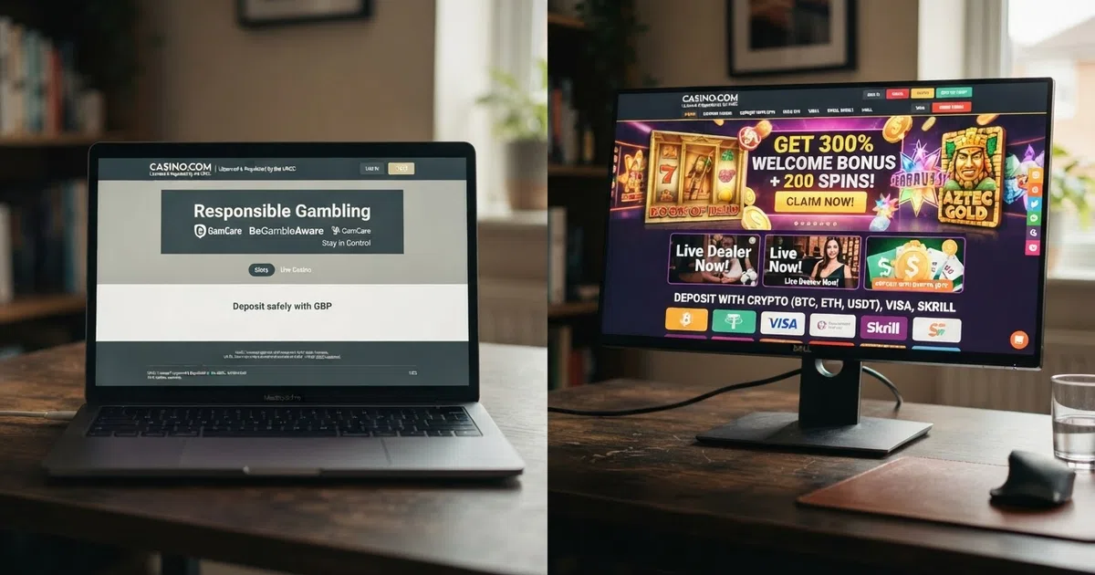 A split-screen composition: on the left, a UKGC-licensed casino homepage with its GamStop logo and responsible-gaming footer; on the right, a brightly coloured foreign casino lobby showing a 300% welcome-bonus banner and cryptocurrency deposit options.