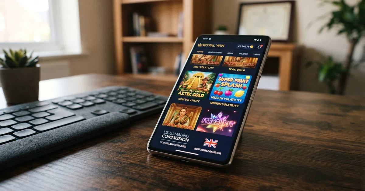A browser window open to a UK-licensed online casino lobby showing a grid of Greentube slot thumbnails including Book of Ra Deluxe and Sizzling Hot Deluxe, with a Union Jack flag visible in the site footer or licence badge
