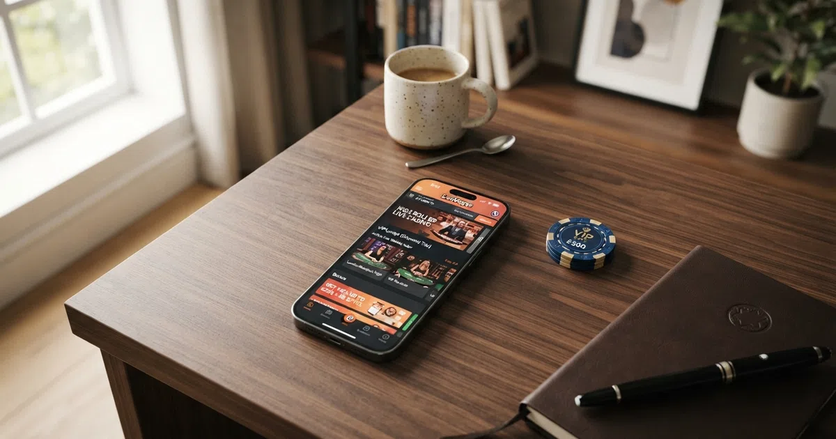 A UK-licensed online casino lobby screen showing high-stakes game tiles, a bonus banner and a VIP lounge icon