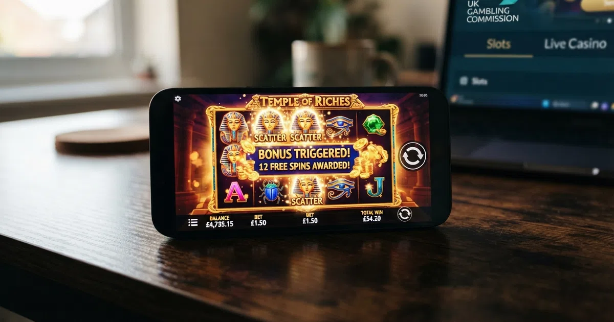 A row of high-volatility online slot reels in motion, showing scatter symbols and a bonus-round trigger animation on a UK-licensed casino interface