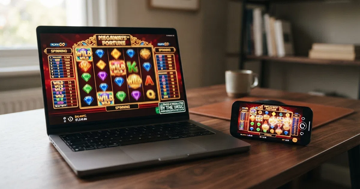 A grid of colourful online slot reels on a desktop and mobile screen, with a UK Gambling Commission licence badge visible in the corner of one display