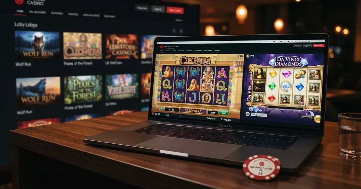A grid of colourful IGT slot game tiles displayed in a UK online casino lobby, with Cleopatra and Da Vinci Diamonds visible in the front row