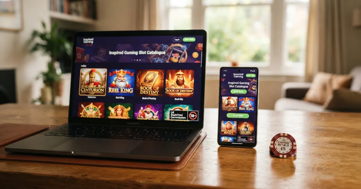 A smartphone and laptop screen side by side, each displaying an Inspired Gaming slot lobby with Centurion and Reel King thumbnails visible, with a UKGC logo badge overlay