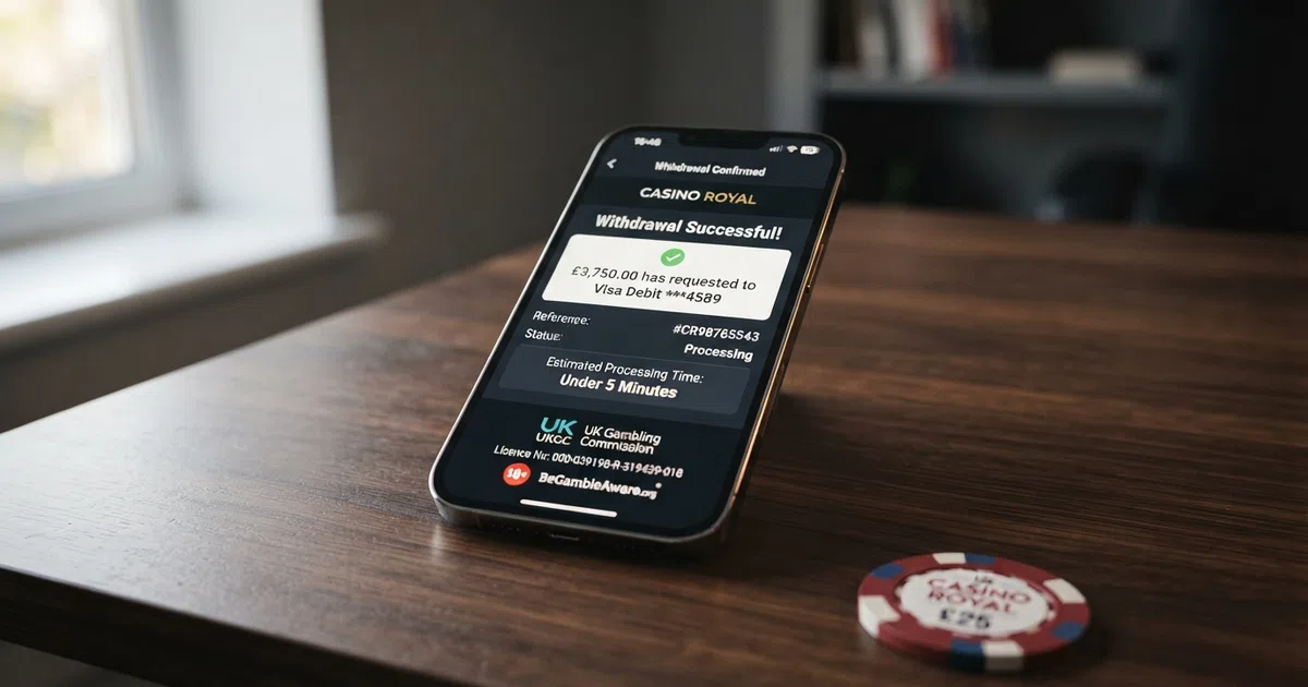 A smartphone screen displaying a casino withdrawal confirmation page with a processing-time indicator and a UKGC licence badge visible in the app footer