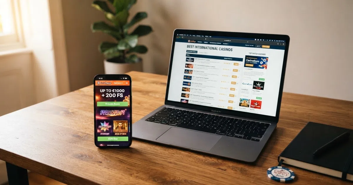A laptop and phone screen showing a list of online casino welcome offers and game thumbnails