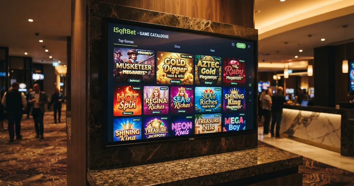 A grid of iSoftBet slot title cards on a casino lobby screen, showing Megaways and Hold & Win badges across a dark-themed interface