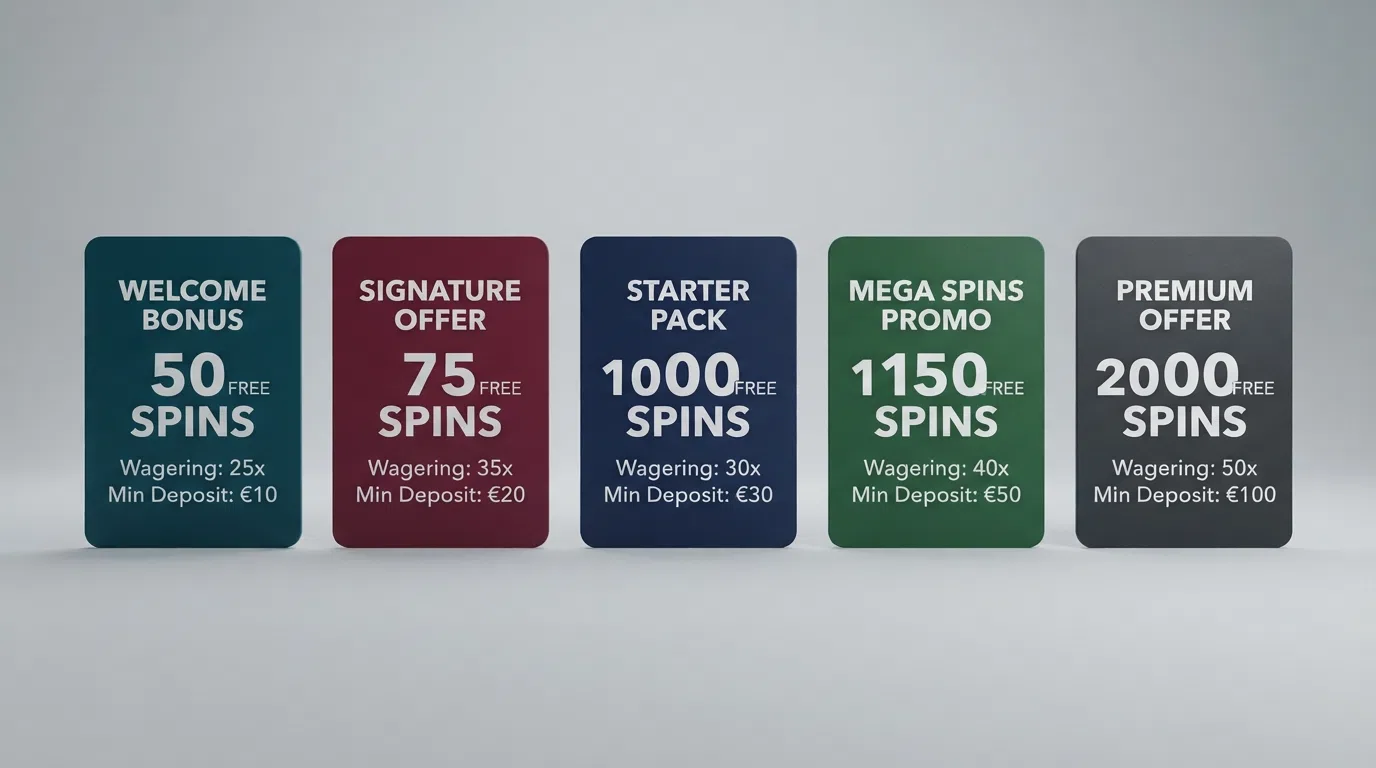 A comparison grid or side-by-side view of several UK casino welcome-offer cards showing free-spin counts, wagering requirements and minimum deposit figures