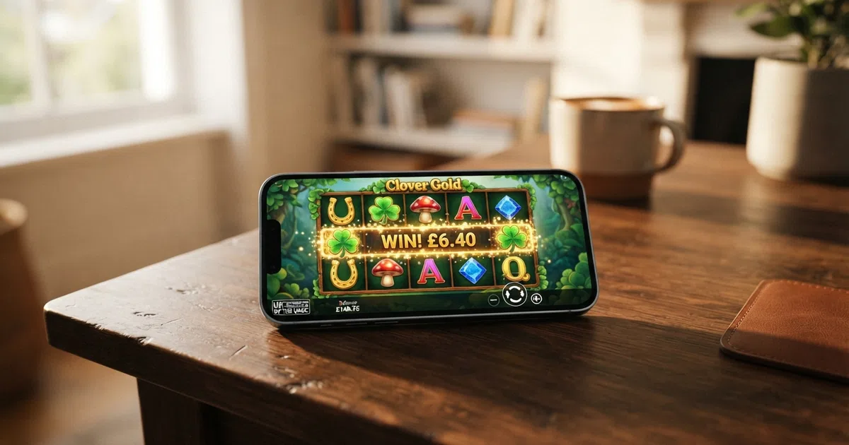 A row of online slot reels on screen, one showing a small win highlighted in gold, with a UKGC licence badge visible in the interface corner