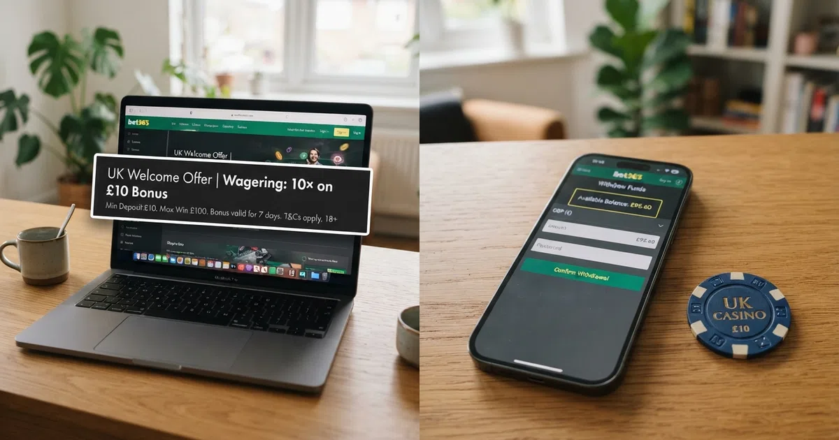 A split-screen comparison showing a wagering-requirement terms box beside a smartphone displaying a casino withdrawal screen with the available balance highlighted