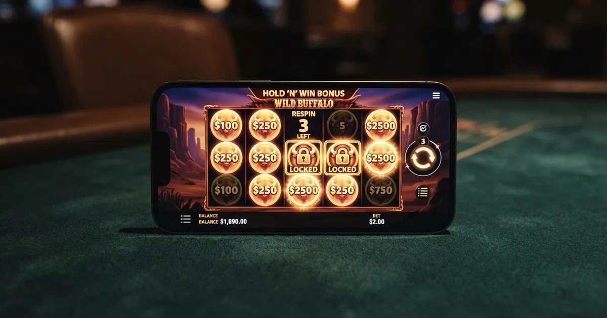 A smartphone screen displaying a NetGame Hold-and-Win bonus round with three locked symbols and a respin counter on a dark casino-themed background