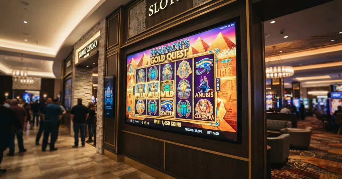 Novomatic slot-game reels with the Greentube logo displayed on a casino lobby screen