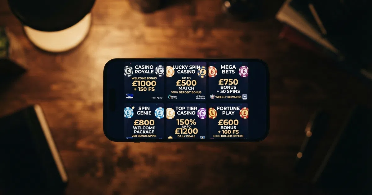A laptop screen showing a grid of offshore casino welcome offers with licence badges and bonus amounts